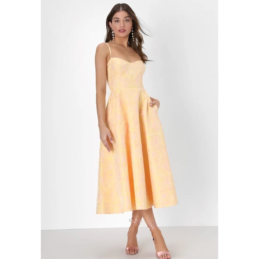 Lulus Yellow Pink Floral Jacquard Midi Dress Sweetheart Bustier Pockets XL